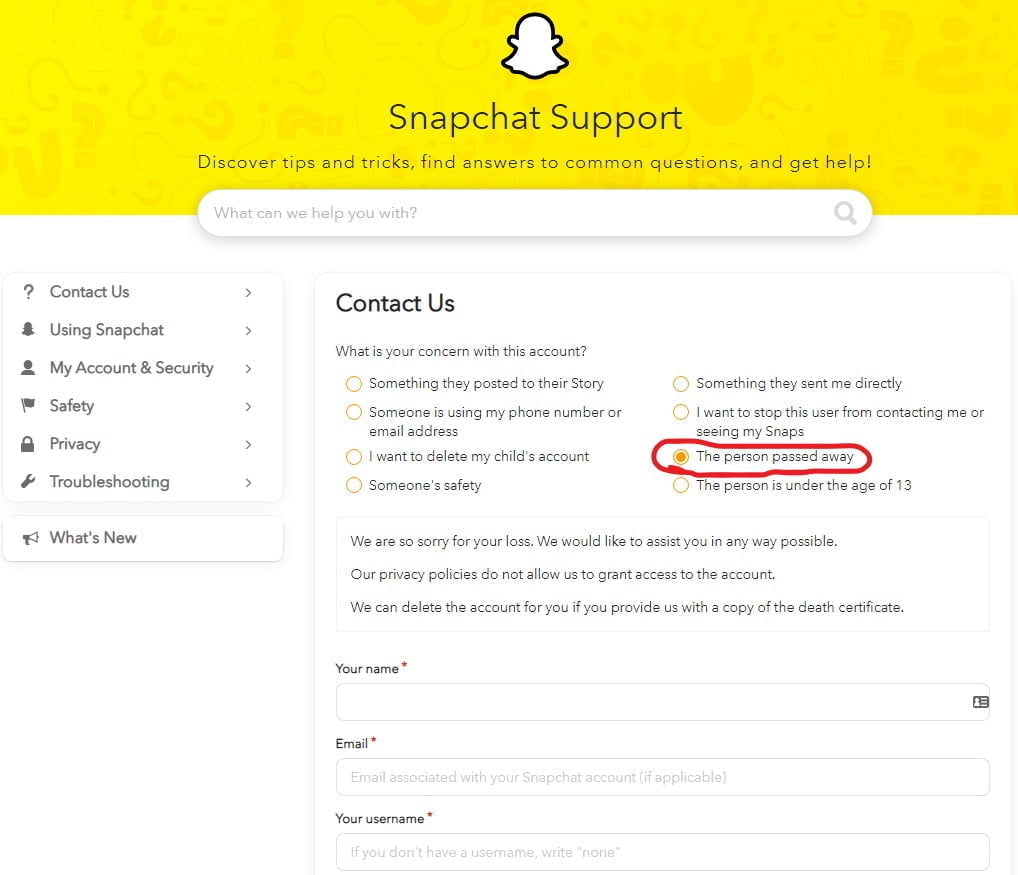 cerrar una cuenta de Snapchat de alguien que murió