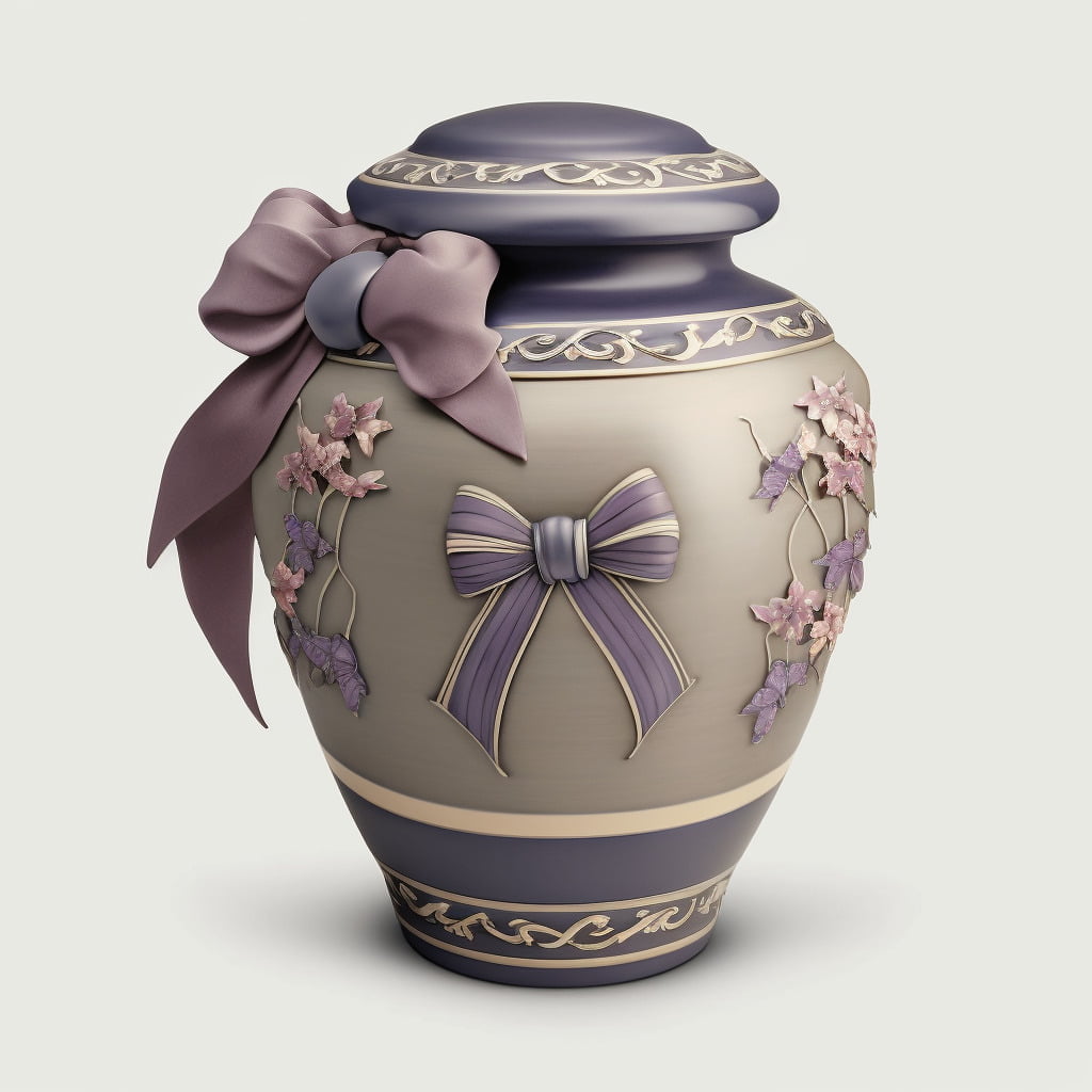 Using dried flowers or weaving a fabric ribbon on the top of the cremation urn.