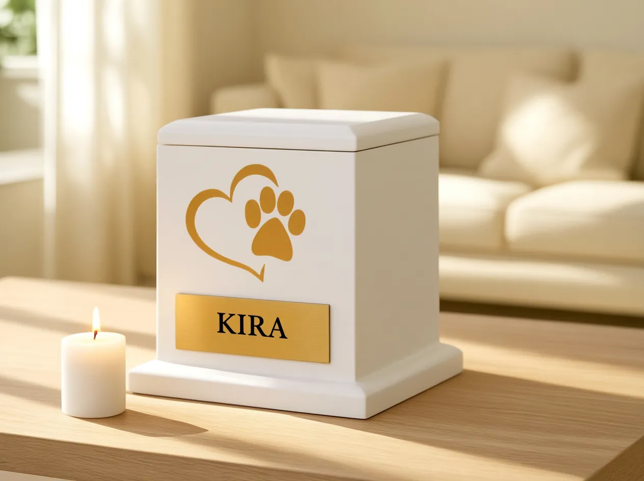 Urna blanca con un corazón y una huellita en dorado y placa dorada con el nombre de la mascota, junto a una vela