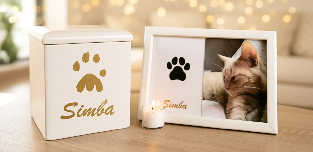 Urna blanca con la huellita y el nombre de la mascota en dorado, junto a un portarretrato con su foto