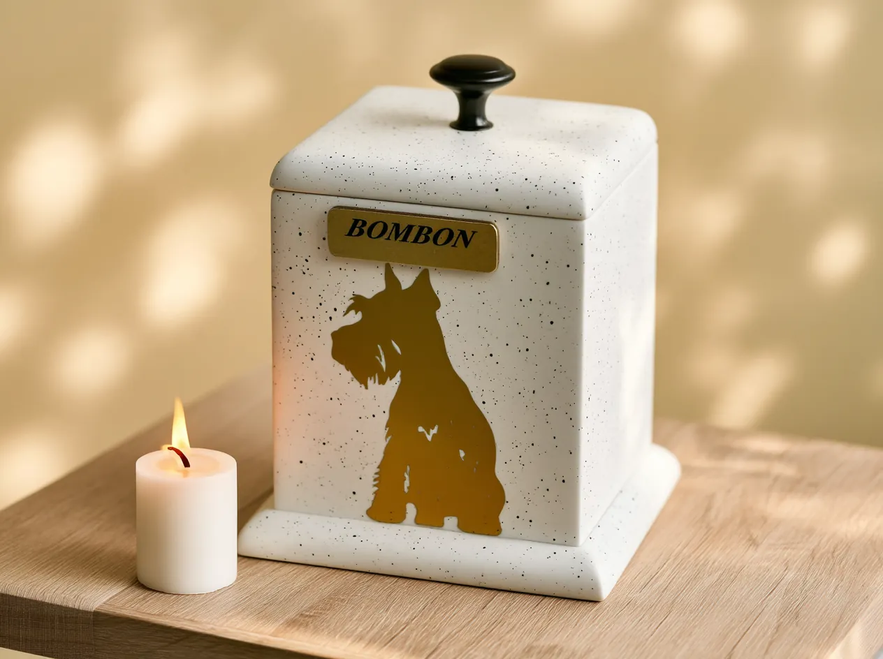 White speckled urn with a gold dog silhouette and a gold name plate, next to a candle