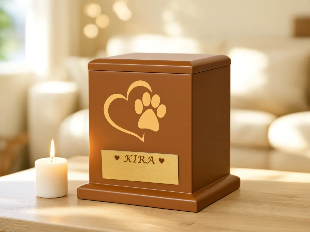 Urna café con un corazón y una huellita en dorado y placa dorada con el nombre de la mascota, junto a una vela