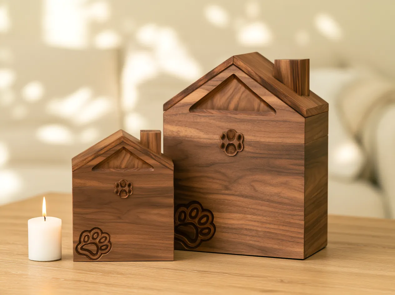 Dos urnas de madera en forma de casita con huellitas talladas, en dos tamaños, junto a una vela