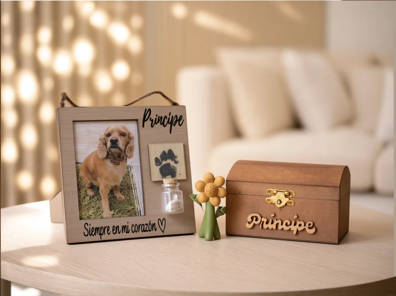 Urna cofre de madera con el nombre de la mascota en letras de madera, junto a un portarretrato con su foto, su huellita y un frasco de recuerdo