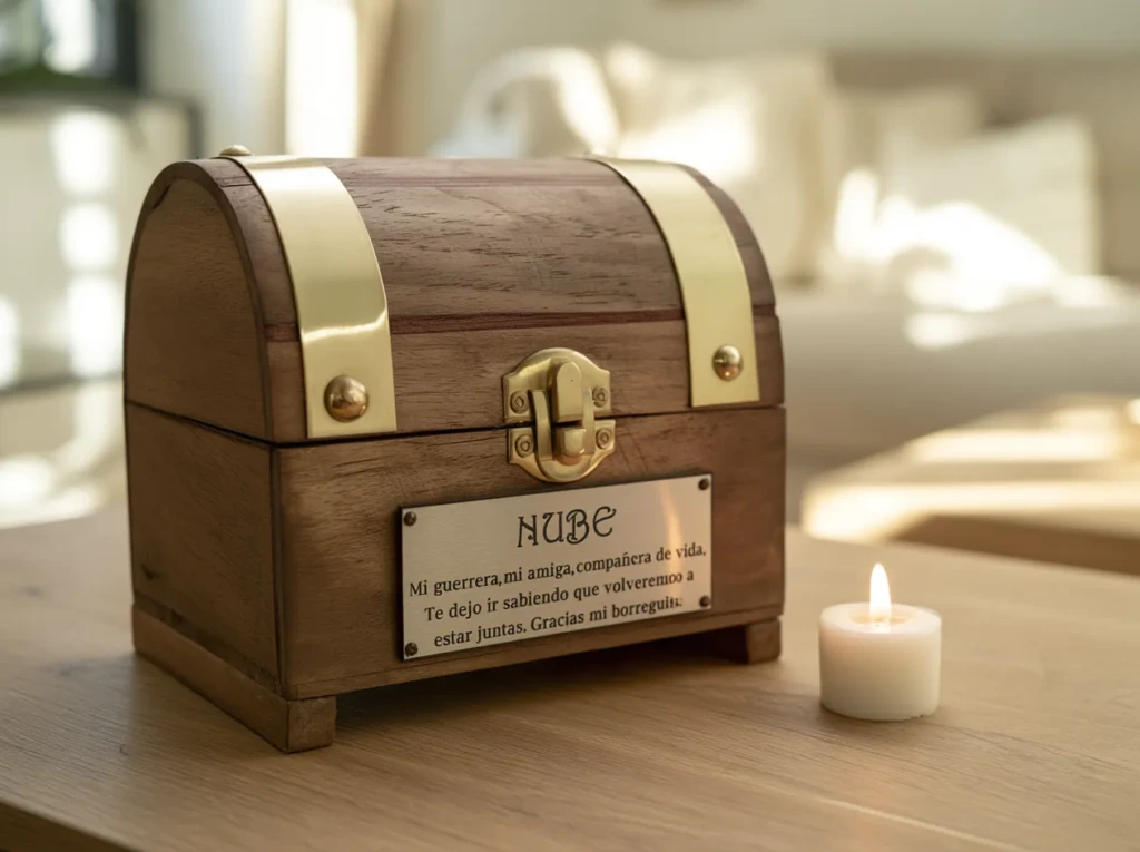 Urna cofre de madera con placa grabada con el nombre y una dedicatoria para la mascota, junto a una vela