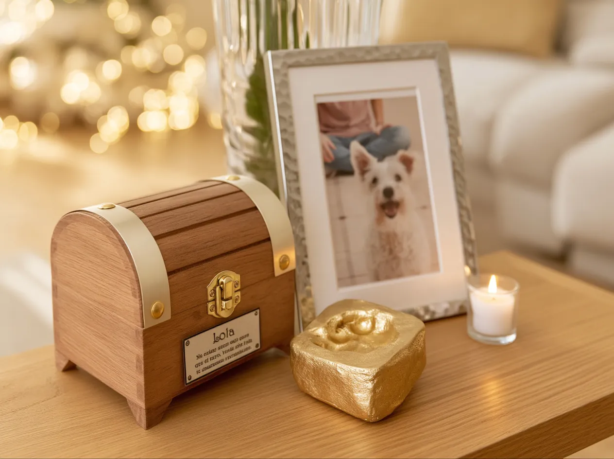 Urna cofre de madera con herrajes dorados y placa grabada con el nombre de la mascota, junto a su huellita en molde dorado, un portarretrato y una vela