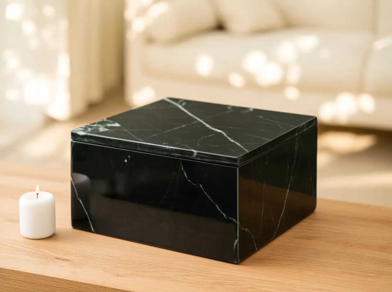 Urna cuadrada tipo cofre de mármol negro con vetas blancas, junto a una vela