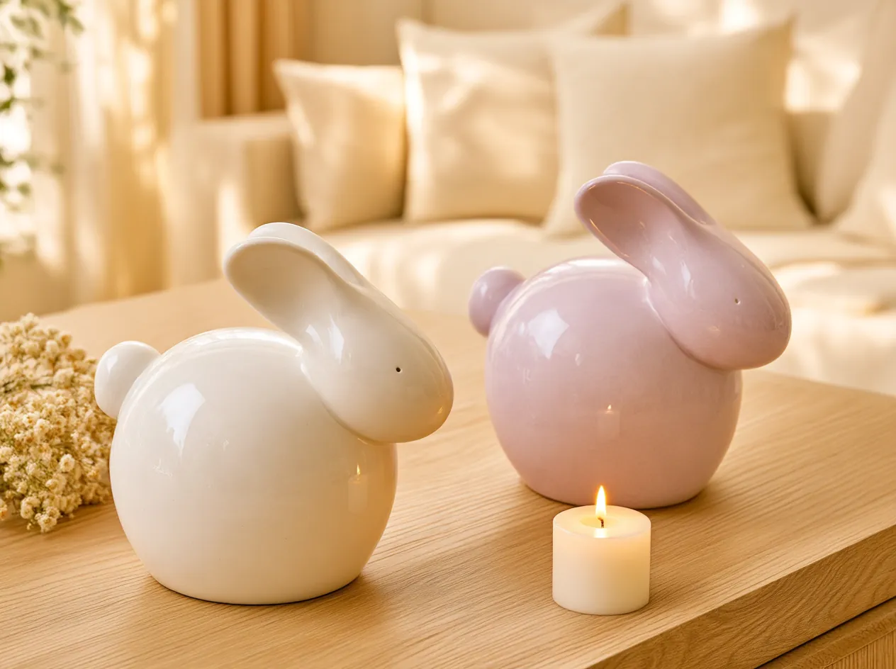 Dos urnas de cerámica en forma de conejito, una blanca y una rosa, junto a una vela