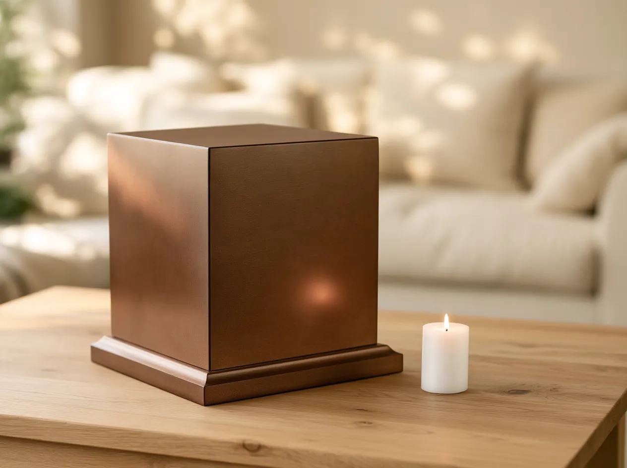 Urna en forma de cubo color cobre sobre una base, junto a una vela