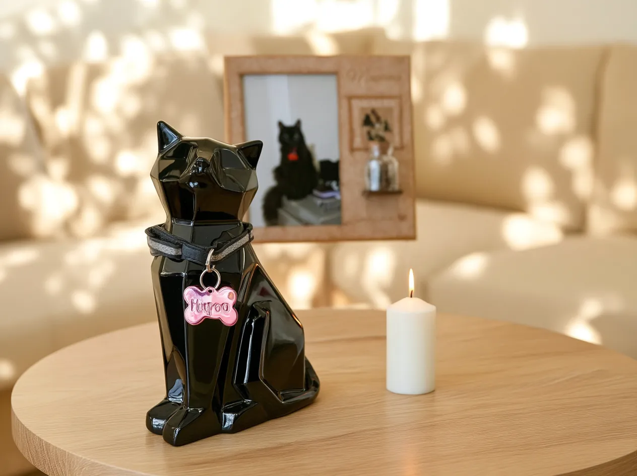 Urna negra en forma de gato con collar y placa rosa con el nombre de la mascota, junto a un portarretrato y una vela