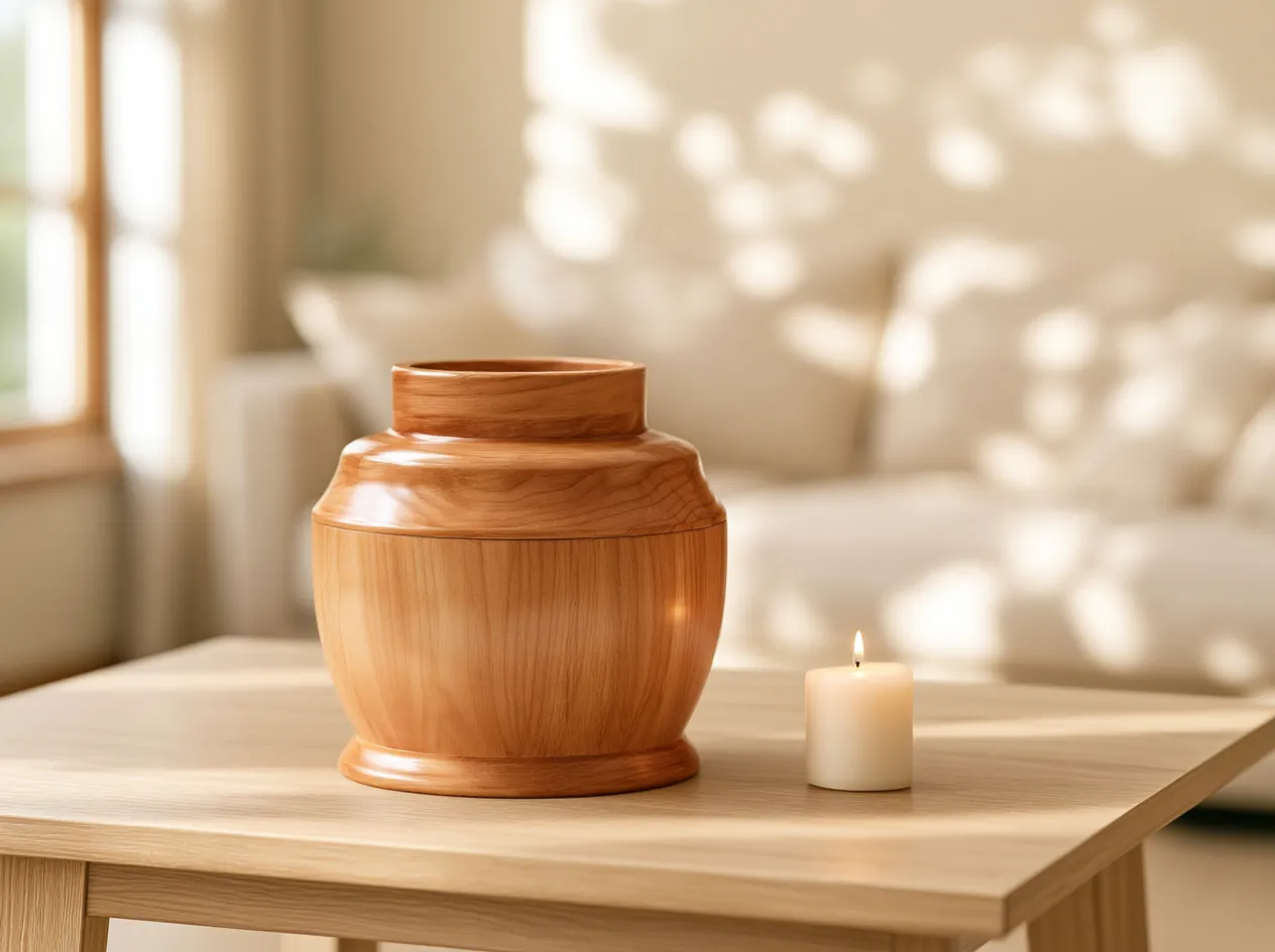 Urna de madera en forma de jarrón, junto a una vela