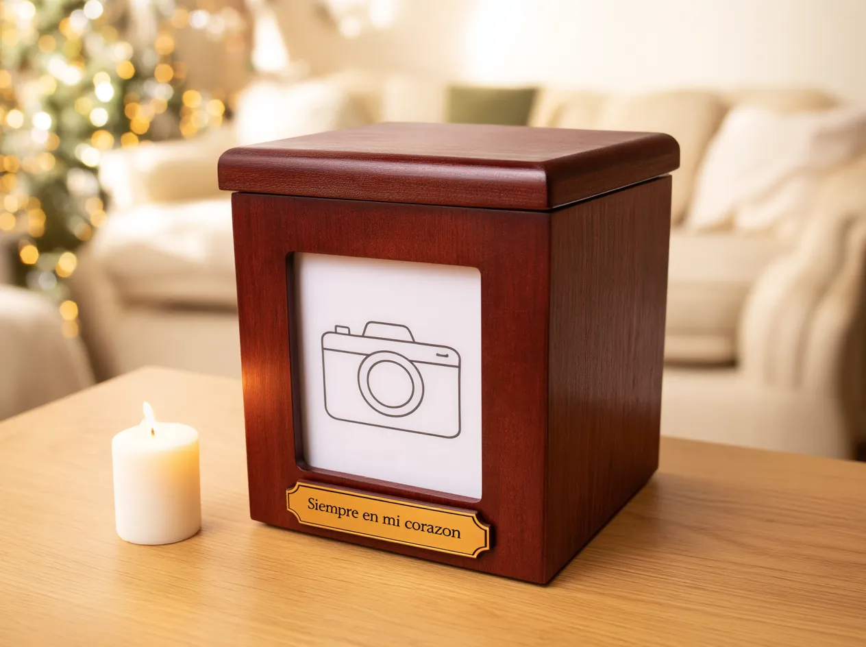 Urna de madera color caoba con portarretrato al frente para la foto de la mascota y placa dorada grabada con «Siempre en mi corazón», junto a una vela