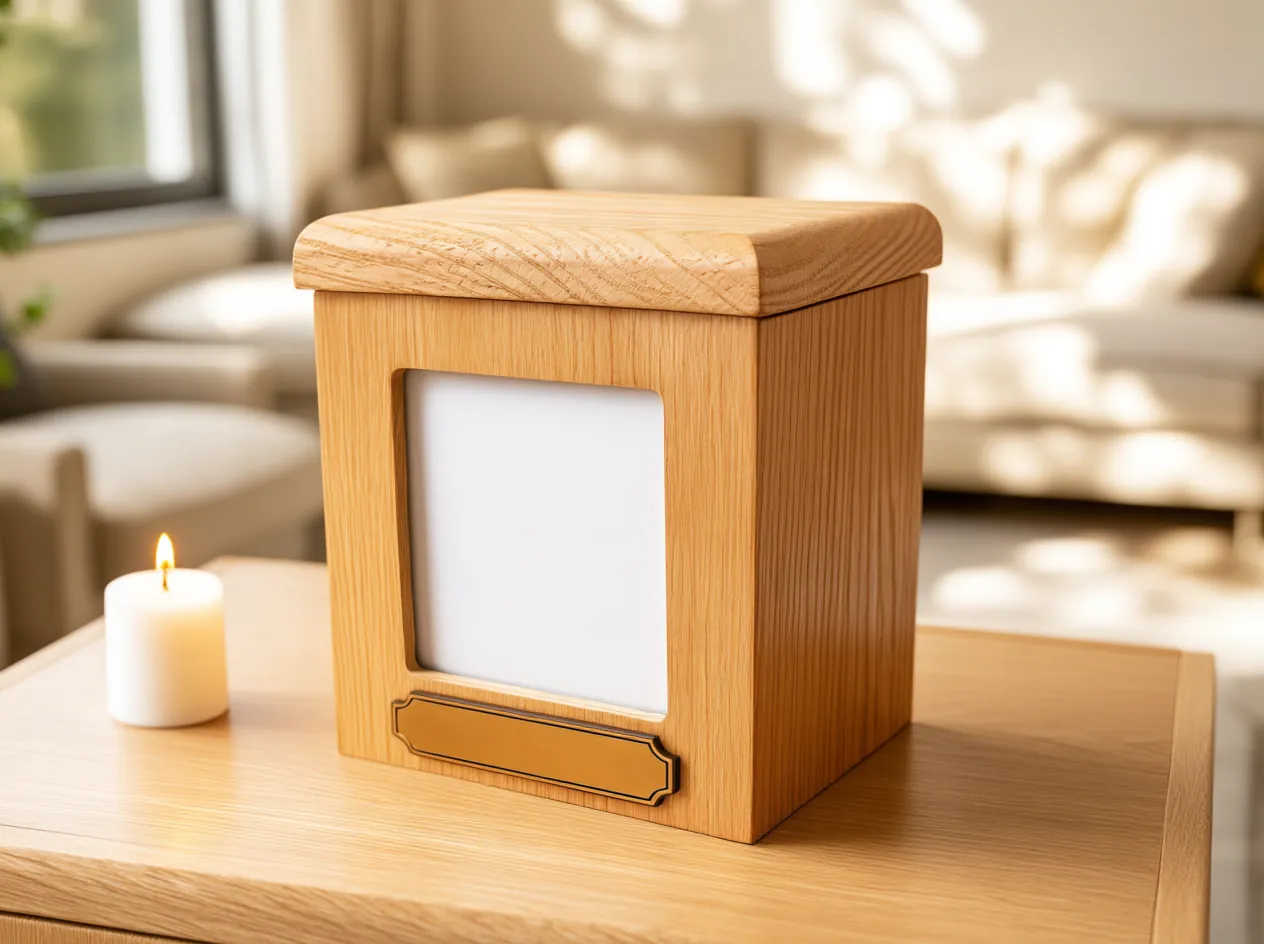 Urna de madera natural con portarretrato al frente para la foto de la mascota y placa dorada para grabar, junto a una vela