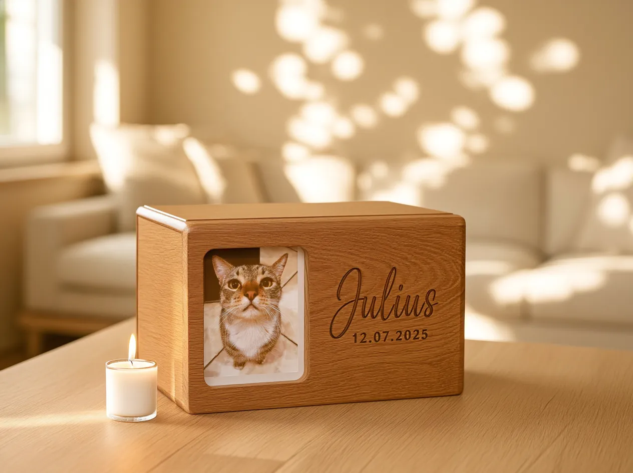 Urna de madera con portarretrato al frente con la foto de la mascota y su nombre y fecha grabados, junto a una vela