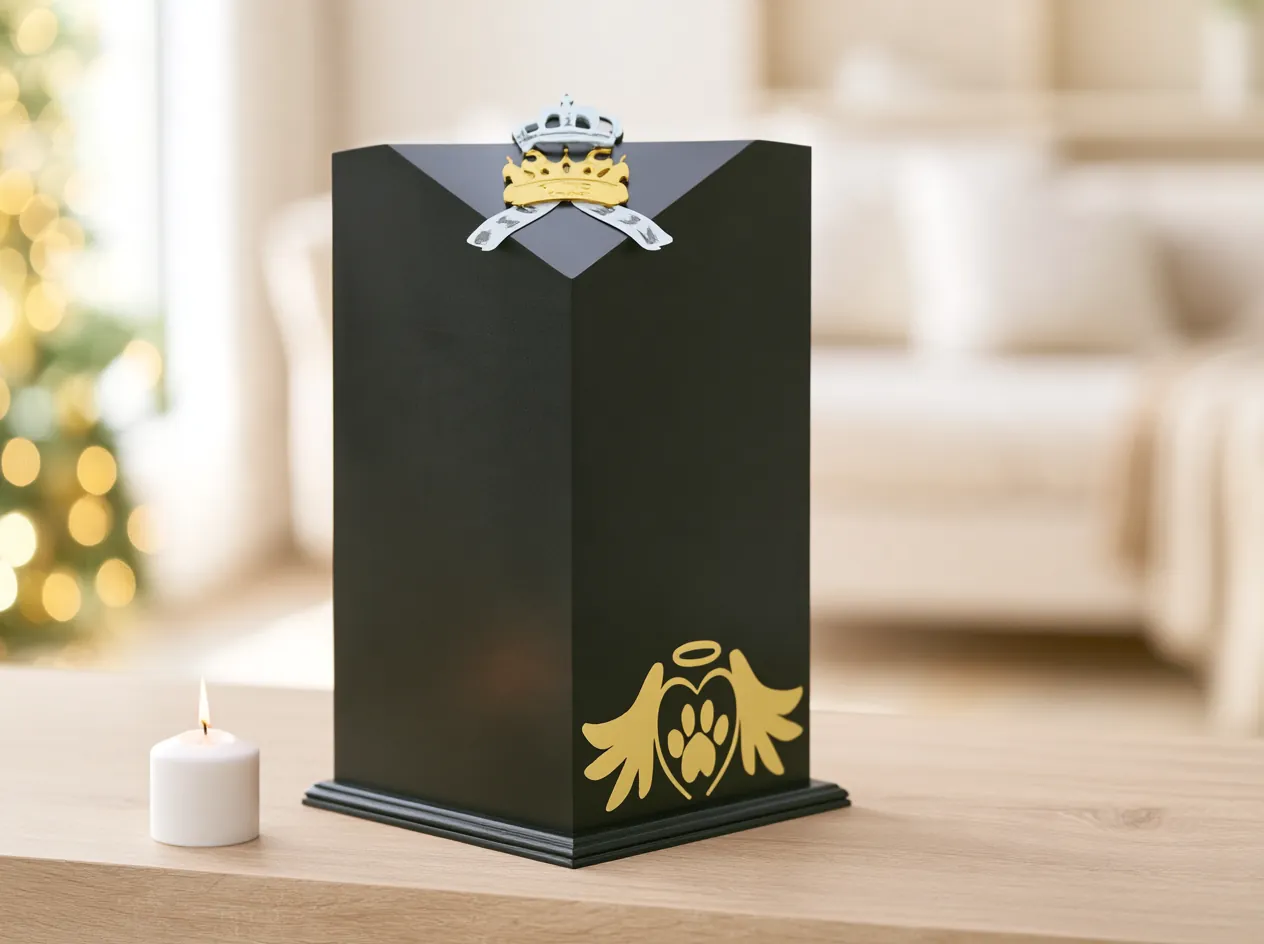 Urna negra alta con un corazón con alas y huellita en dorado y una corona decorativa, junto a una vela