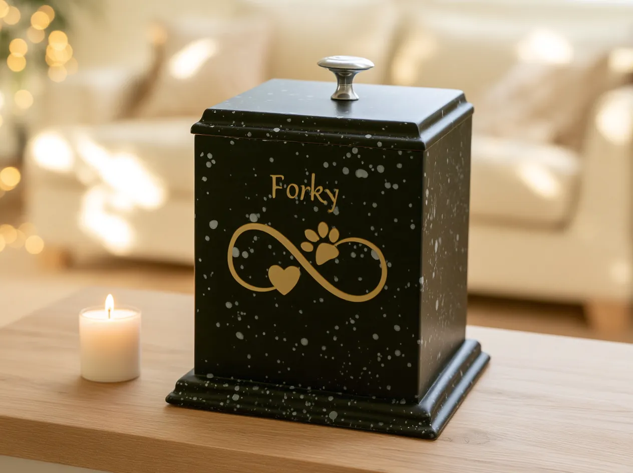 Black speckled urn with the pet's name and a gold infinity symbol with a heart and paw print, next to a candle