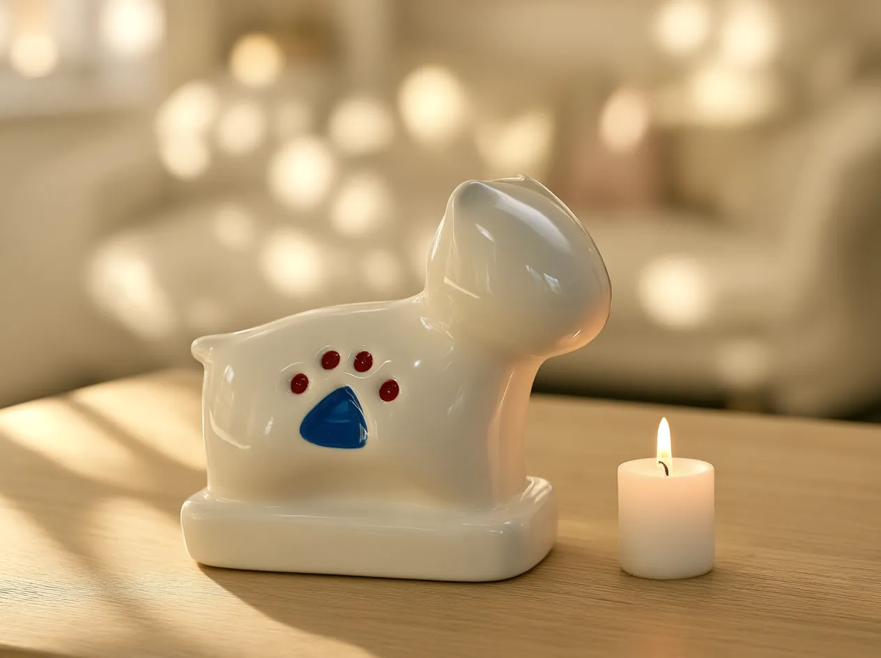Urna de cerámica blanca en forma de perrito con una huellita roja y azul, junto a una vela