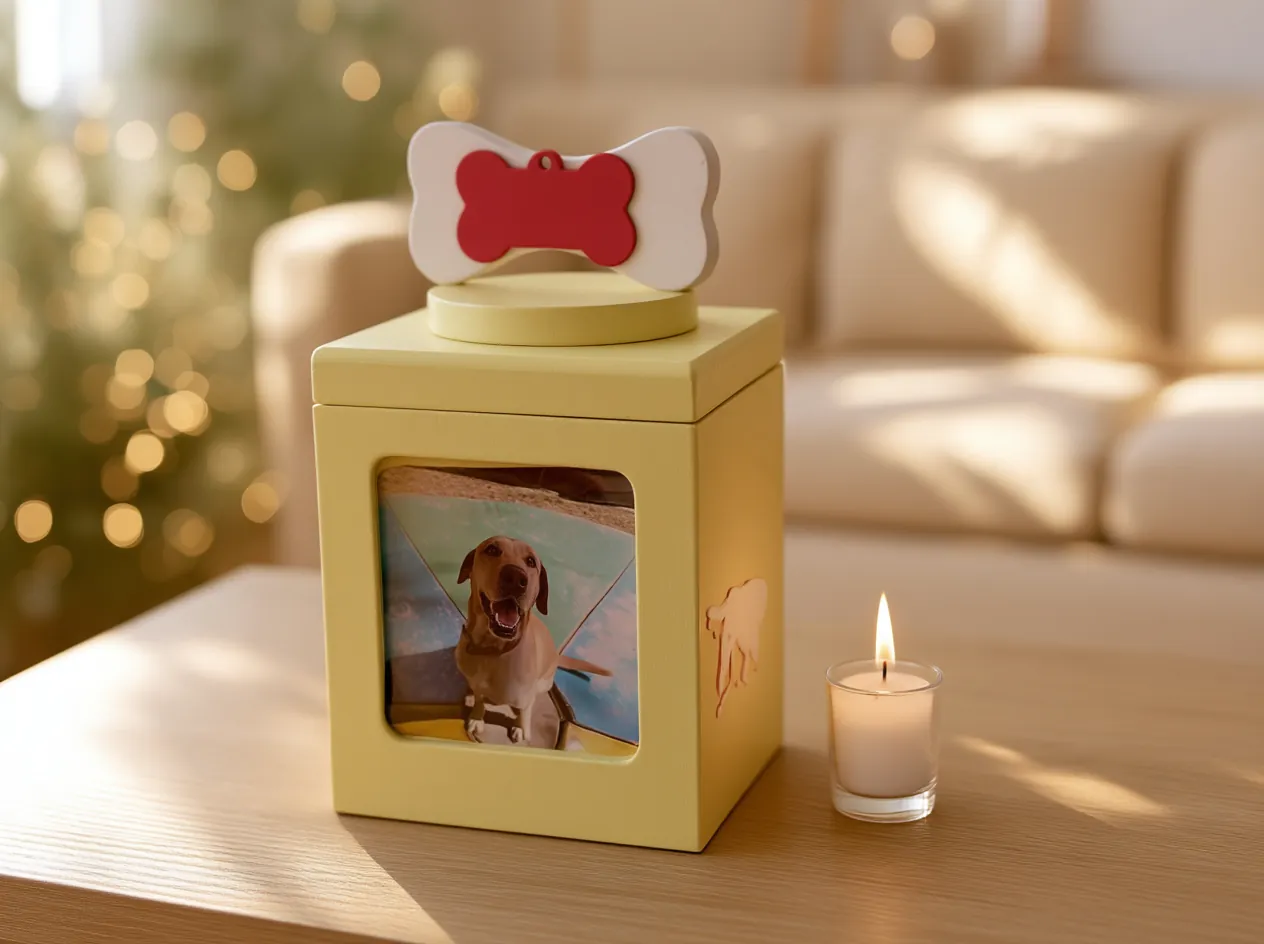 Yellow urn with a front photo frame holding the pet's picture and a decorative bone with a red tag on the lid, next to a candle