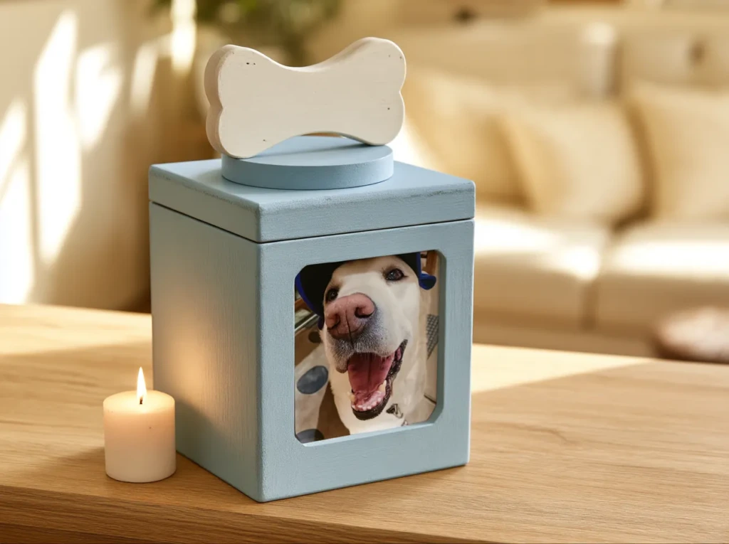 Urna azul cielo con portarretrato al frente con la foto de la mascota y un hueso decorativo en la tapa, junto a una vela