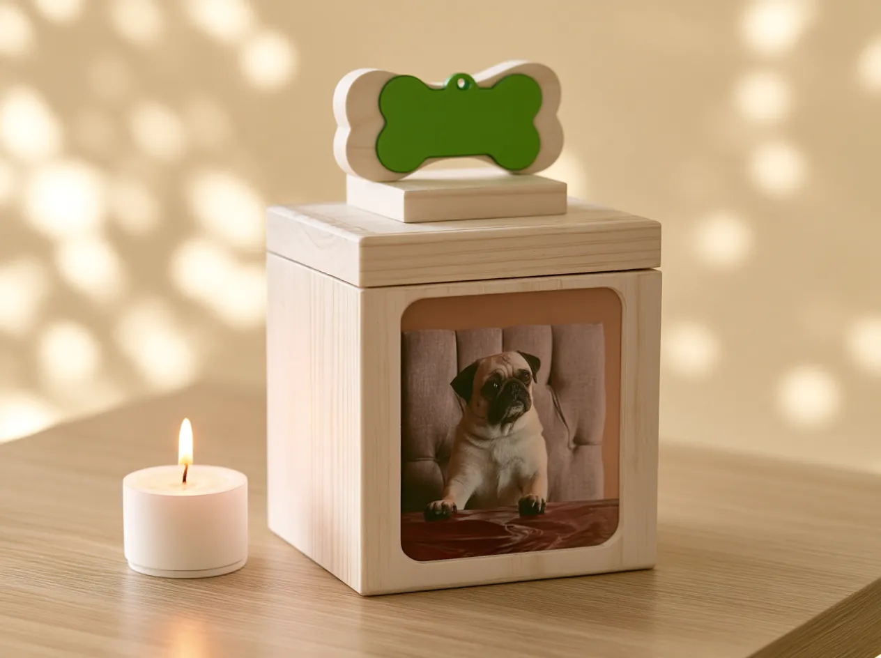 Natural wood urn with a front photo frame holding the pet's picture and a decorative bone with a green tag on the lid, next to a candle