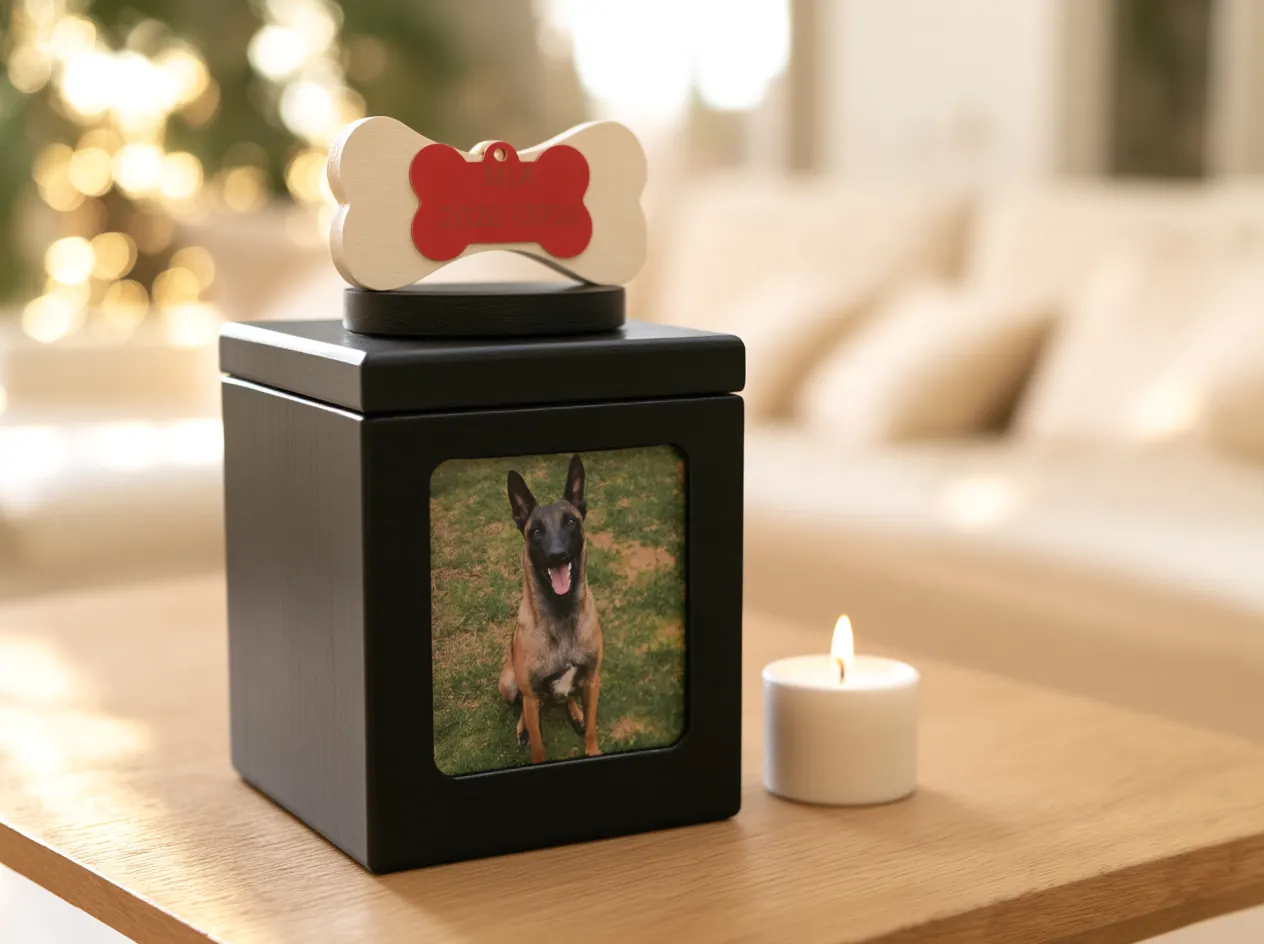 Black urn with a front photo frame holding the pet's picture and a decorative bone with an engraved red tag on the lid, next to a candle