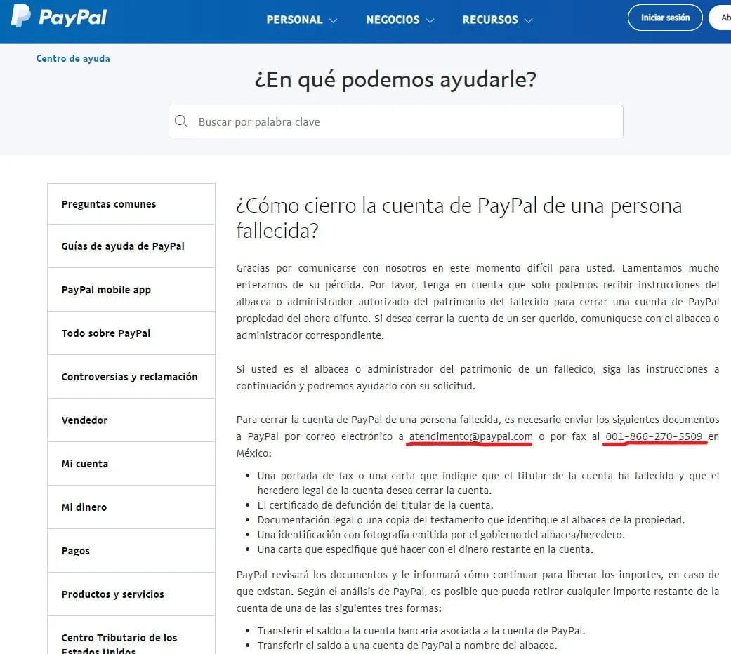 cerrar una cuenta de PayPal de alguien que murió