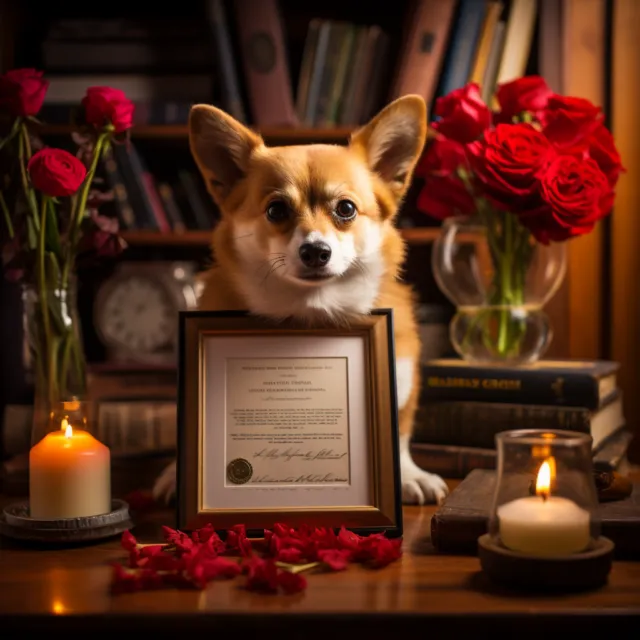 Perrito posando su certificado