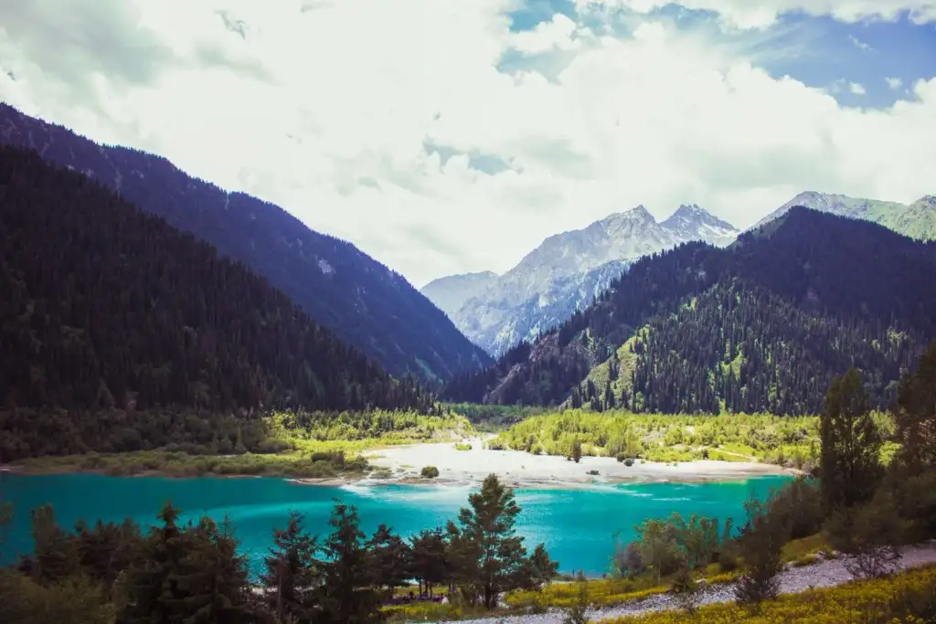 Lago turquesa entre bosque y montañas altas