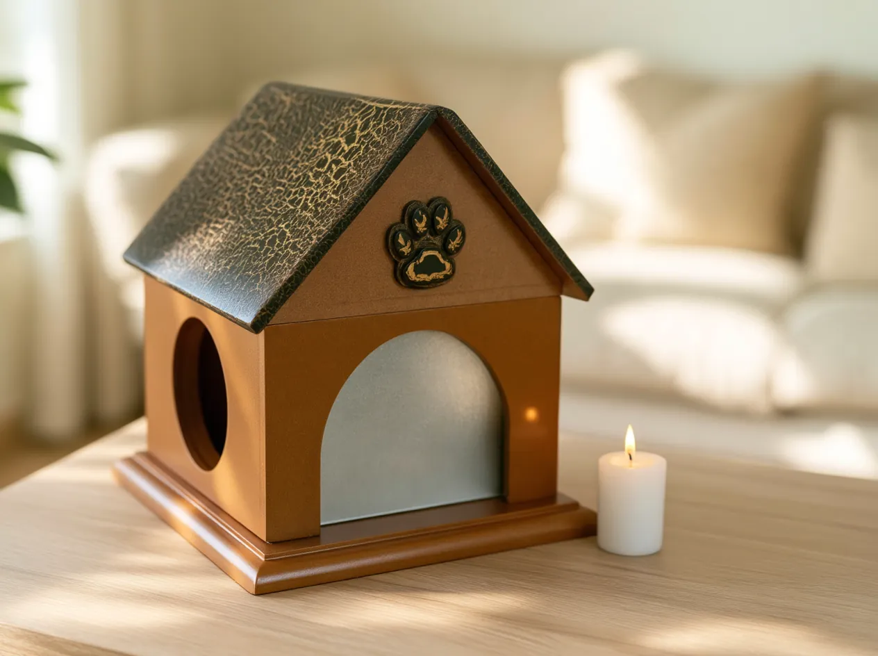 Urna en forma de casita con techo oscuro y huellita
