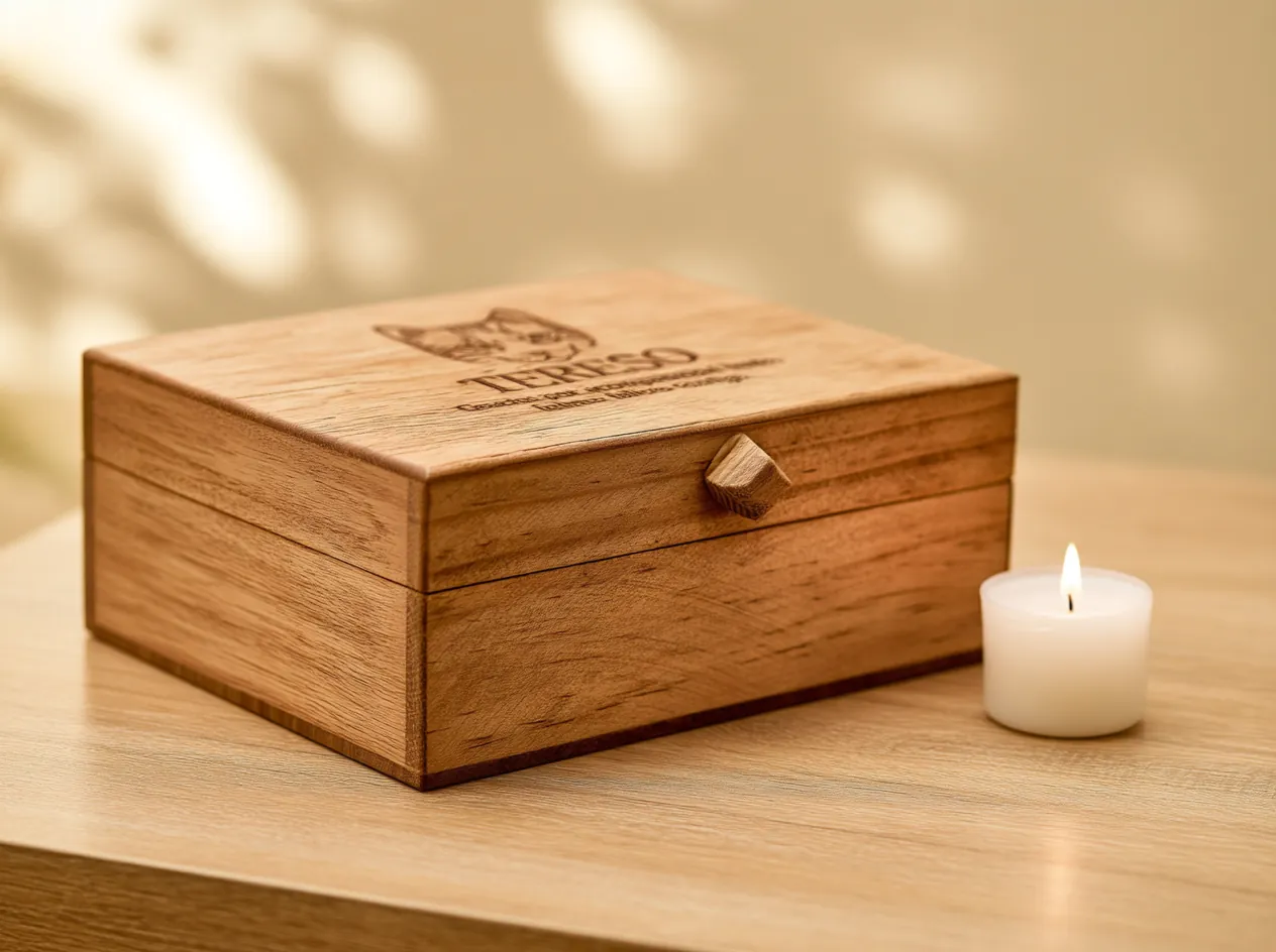 Urna cofre de madera natural con un gato y un nombre grabados en la tapa