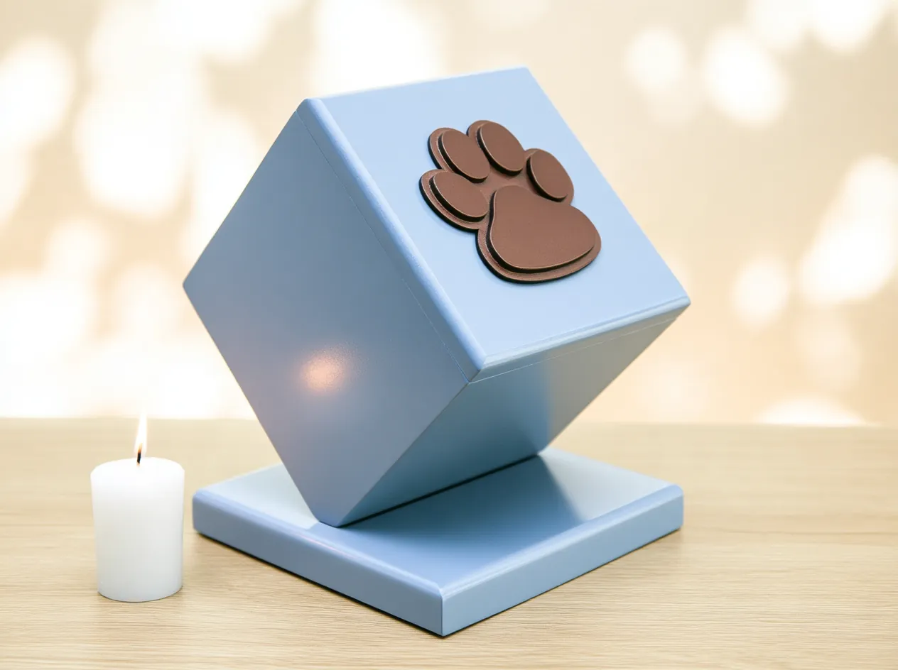 Urna cubo azul inclinada con huellita café en relieve