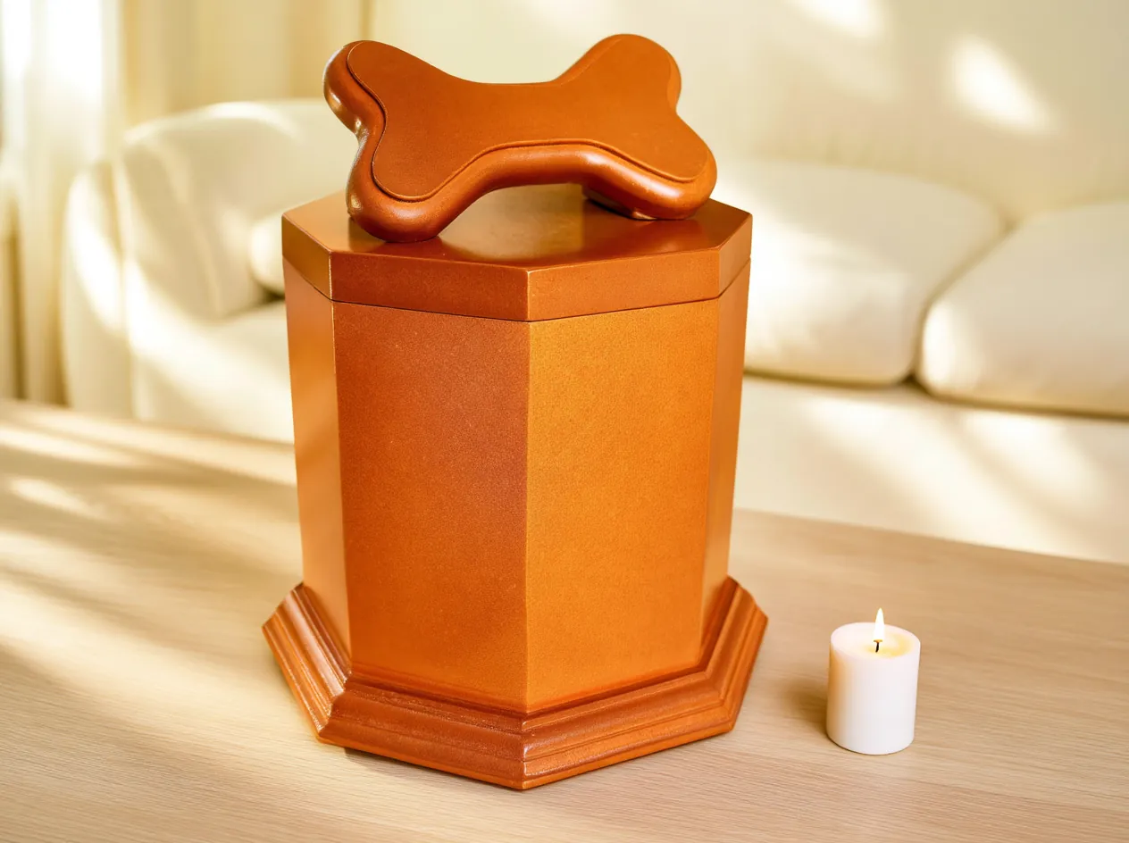 Urna octagonal color cobre con un hueso en la tapa